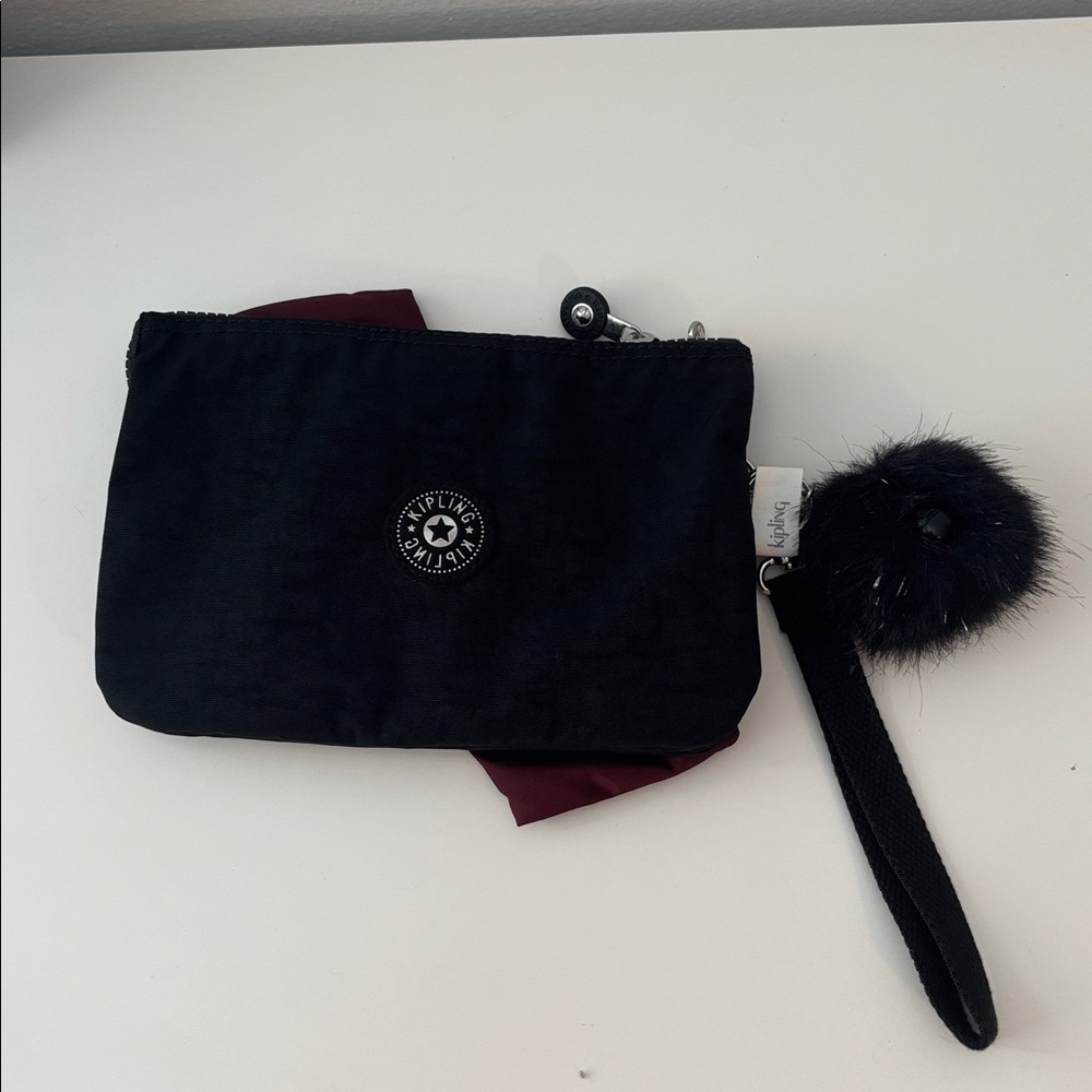 Kipling Black Pouch with Furry Pom Pom